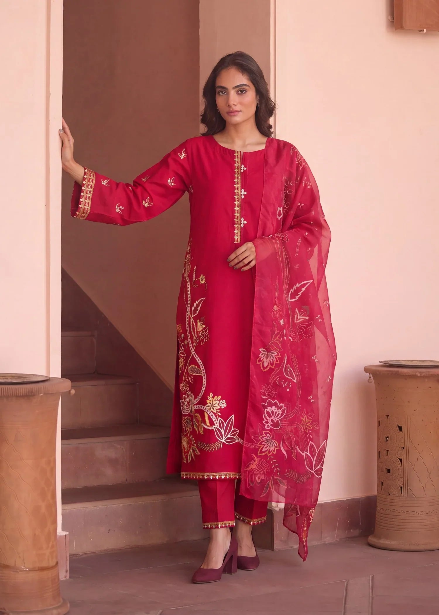 Calyx Maroon Premium Fabric Pakistani Summer Dresses - Sahiba-clothing - 1