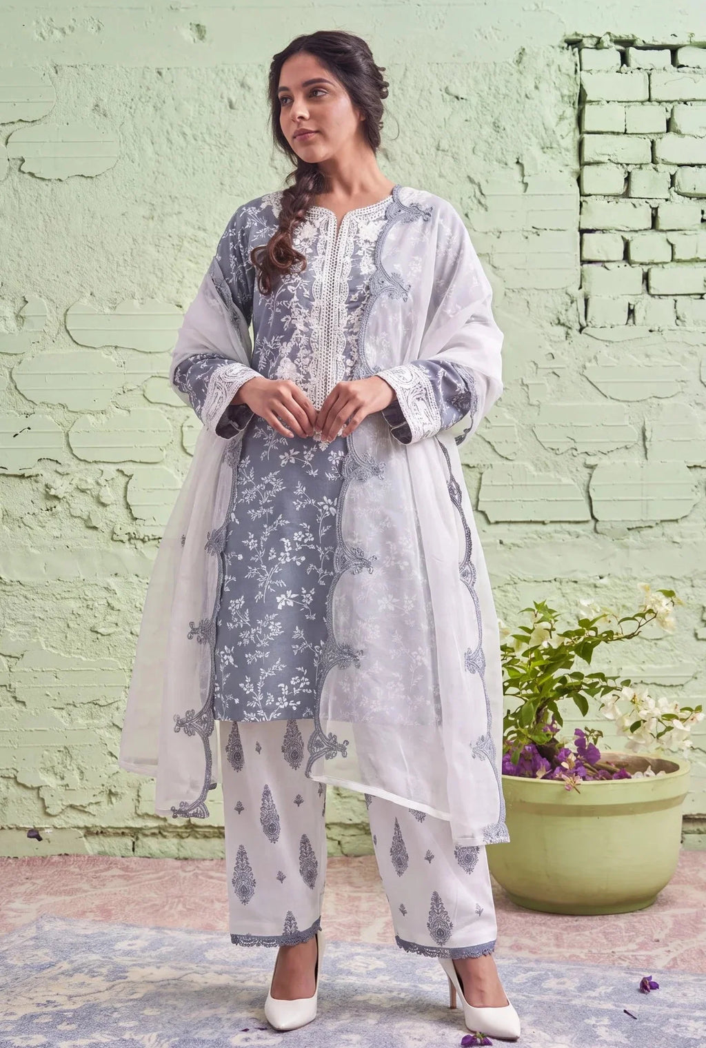 Rosabella Grey Premium Fabric Pakistani Summer Dresses - Sahiba-clothing - 1