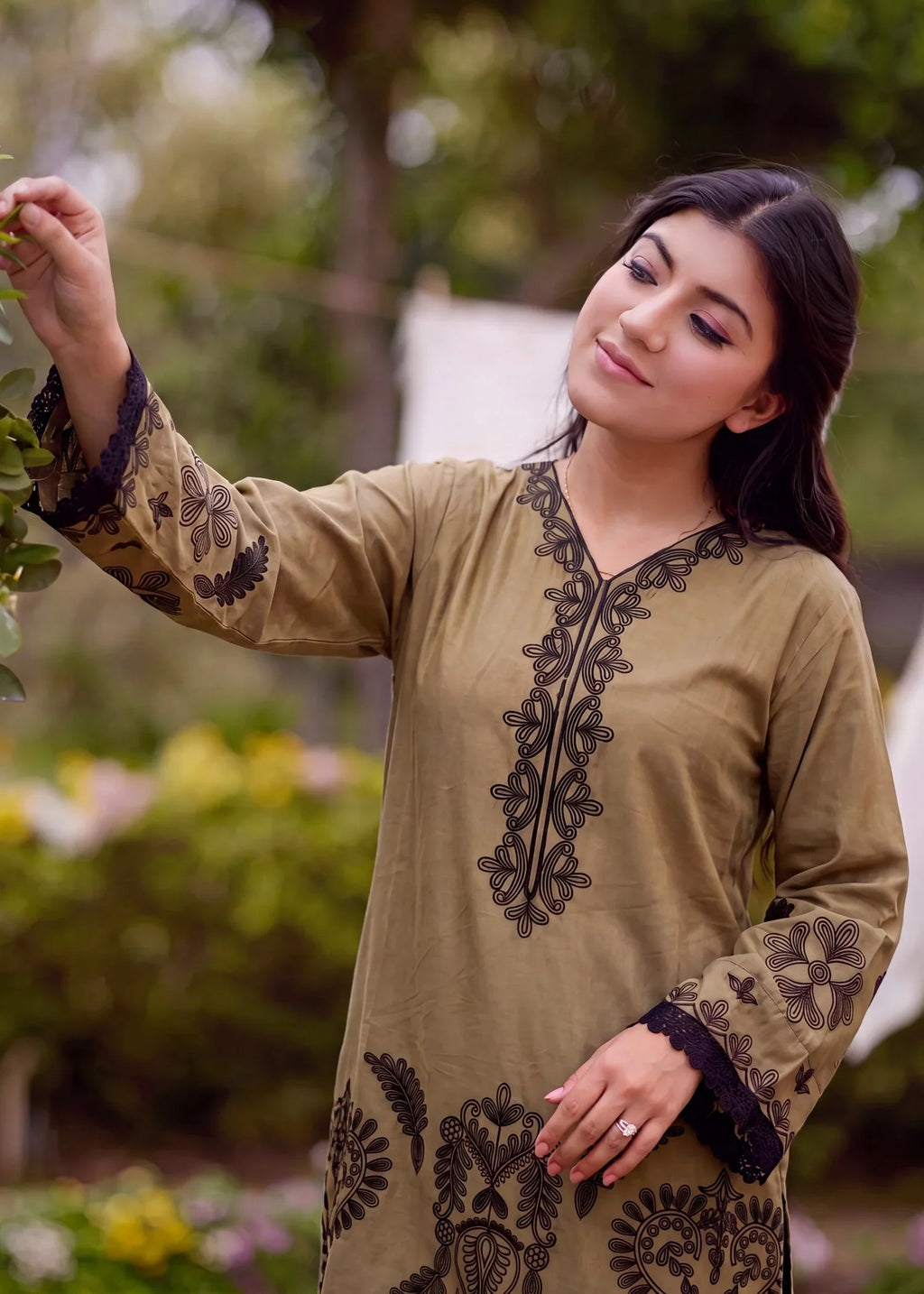 Qalamkar Mehndi Premium Fabric Pakistani Summer Dresses - Sahiba-clothing - 4