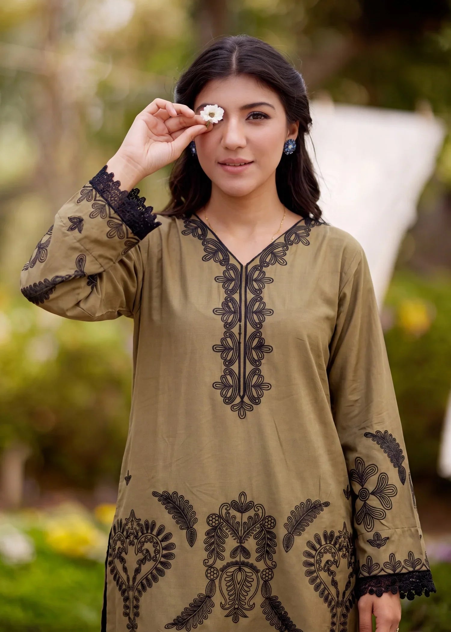 Qalamkar Mehndi Premium Fabric Pakistani Summer Dresses - Sahiba-clothing - 3