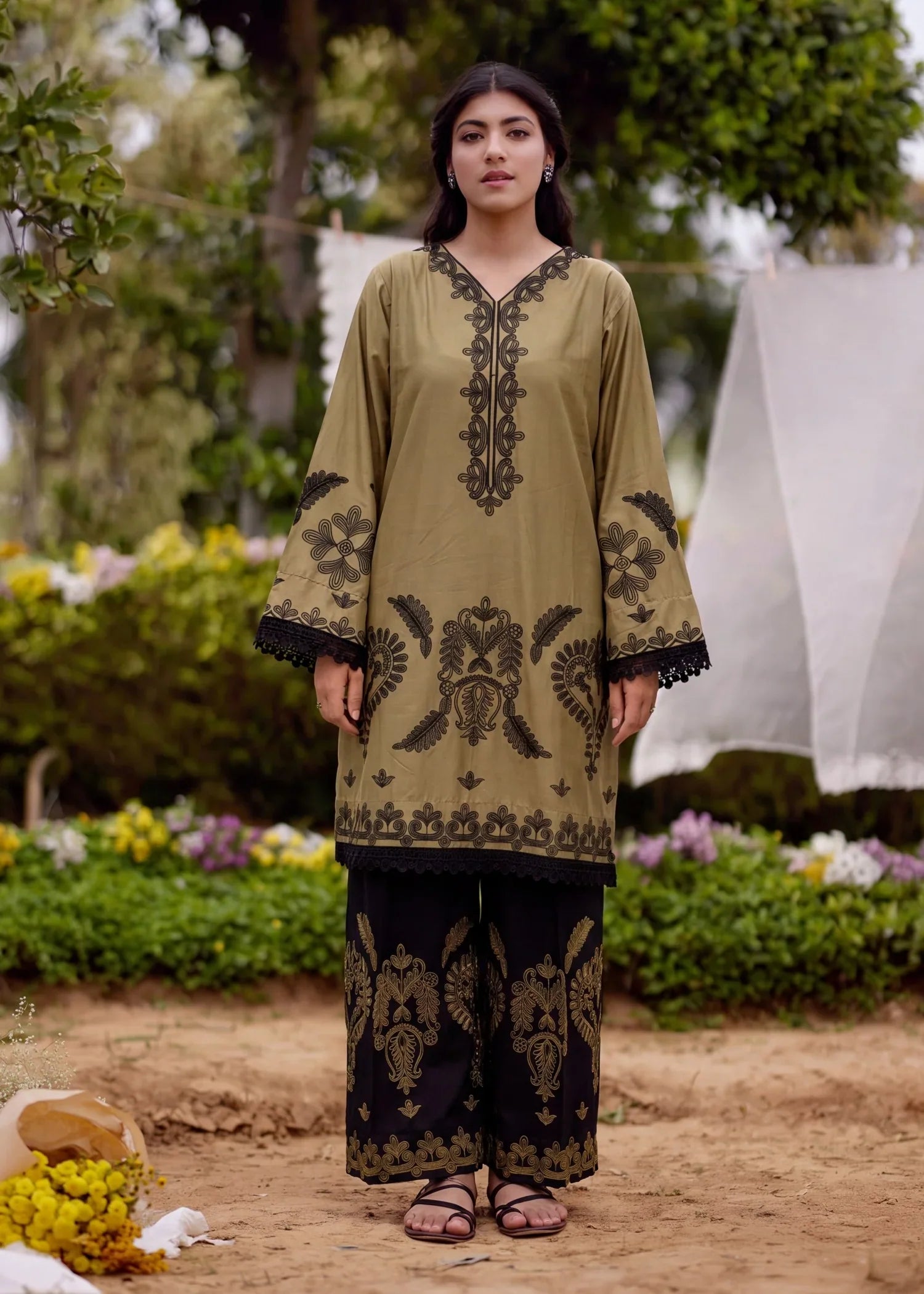 Qalamkar Mehndi Premium Fabric Pakistani Summer Dresses - Sahiba-clothing - 1