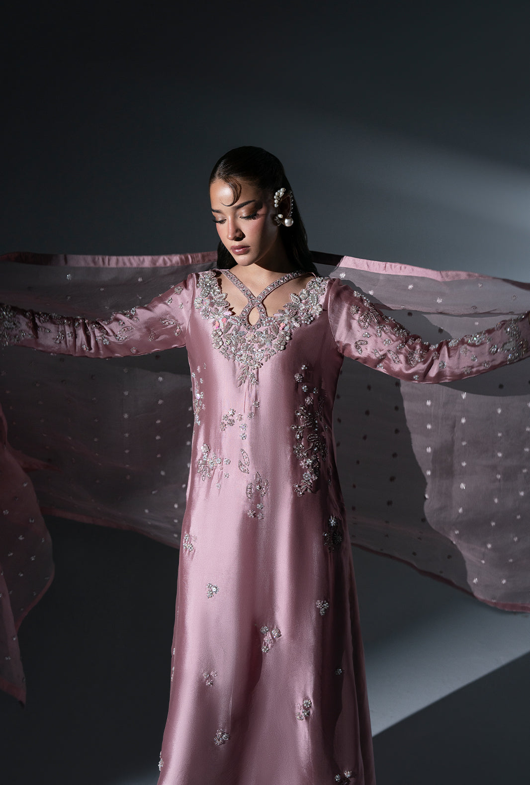 Dusty Rose Organza Pakistani Formal Dresses - AJR Couture - 4