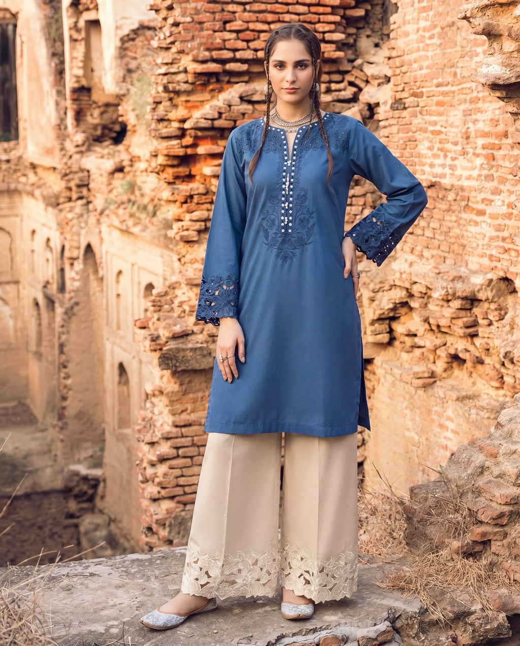 Creme Blue Lawn Pakistani Summer Dresses - Sahiba-clothing - 1