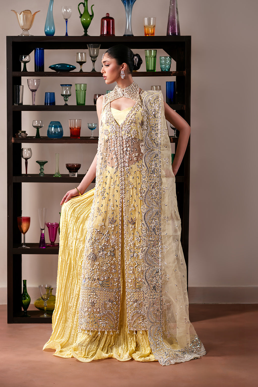Lemon Quartz Raw Silk Pakistani Formal Dresses - Emaan Adeel - 2