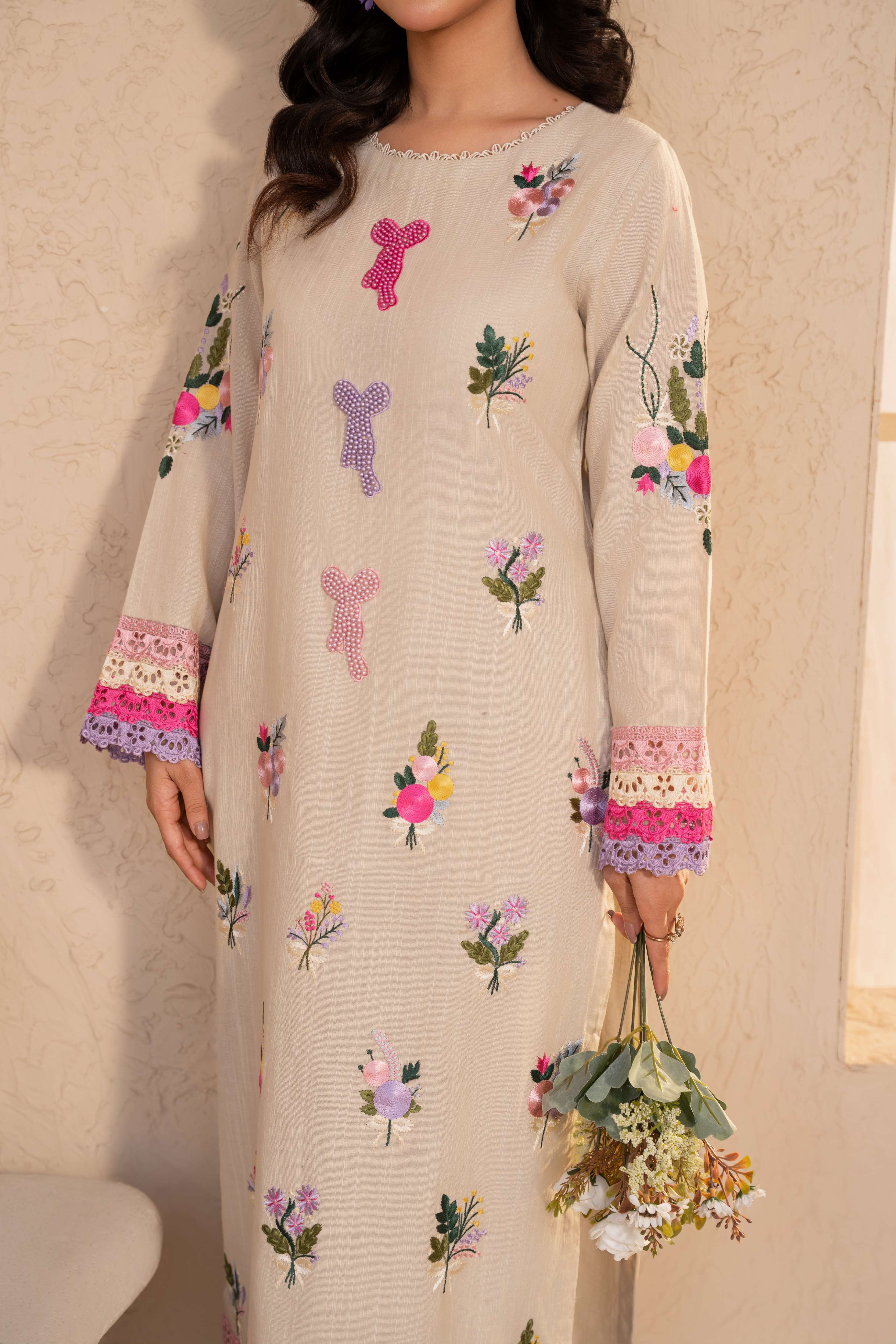 Faiqa - Beige Premium Fabric Pakistani Summer Dresses - Sahiba-clothing - 3
