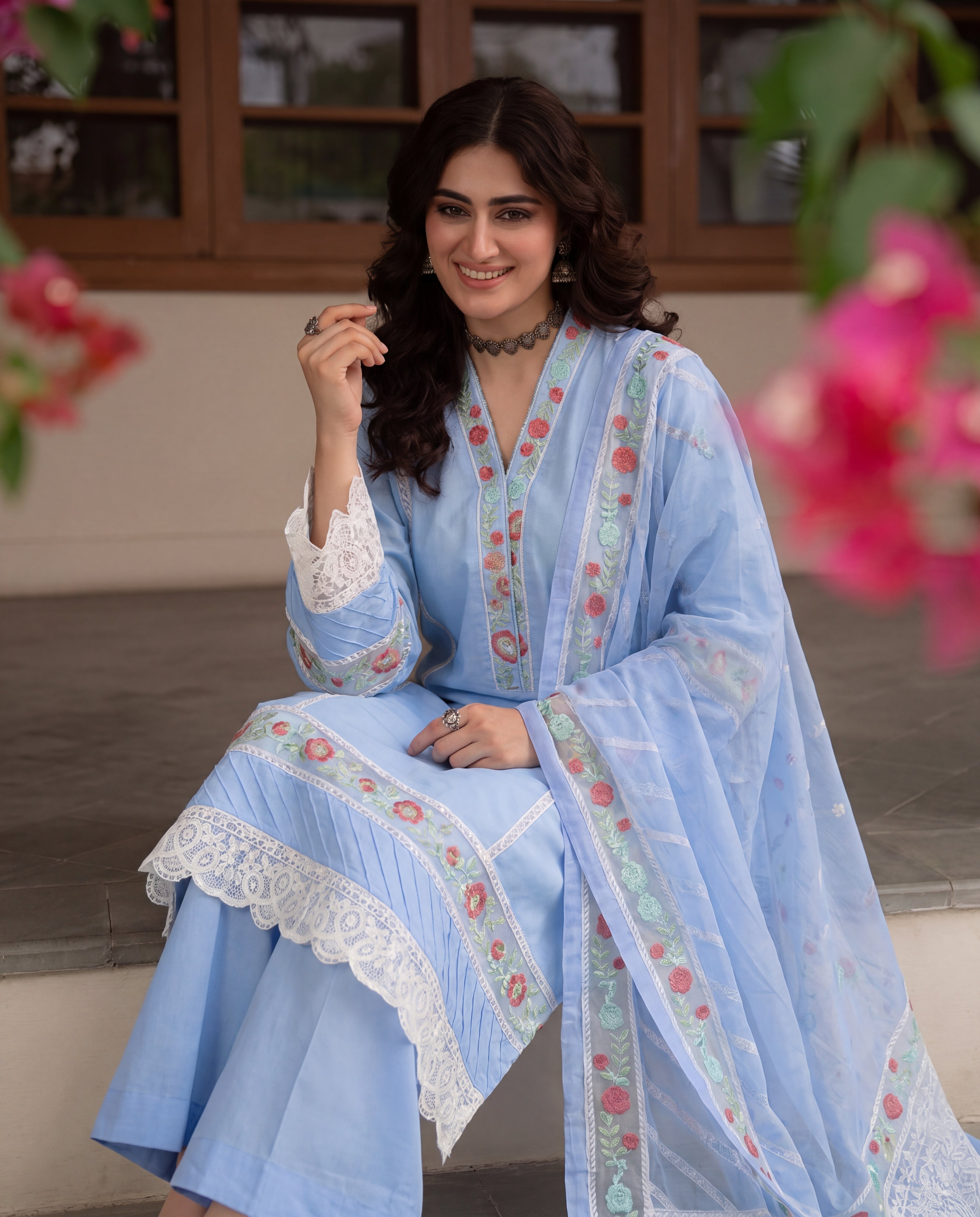 Moonflower Blue Premium Fabric Pakistani Summer Dresses - Sahiba-clothing - 3