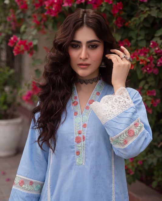 Moonflower Blue Premium Fabric Pakistani Summer Dresses - Sahiba-clothing - 2