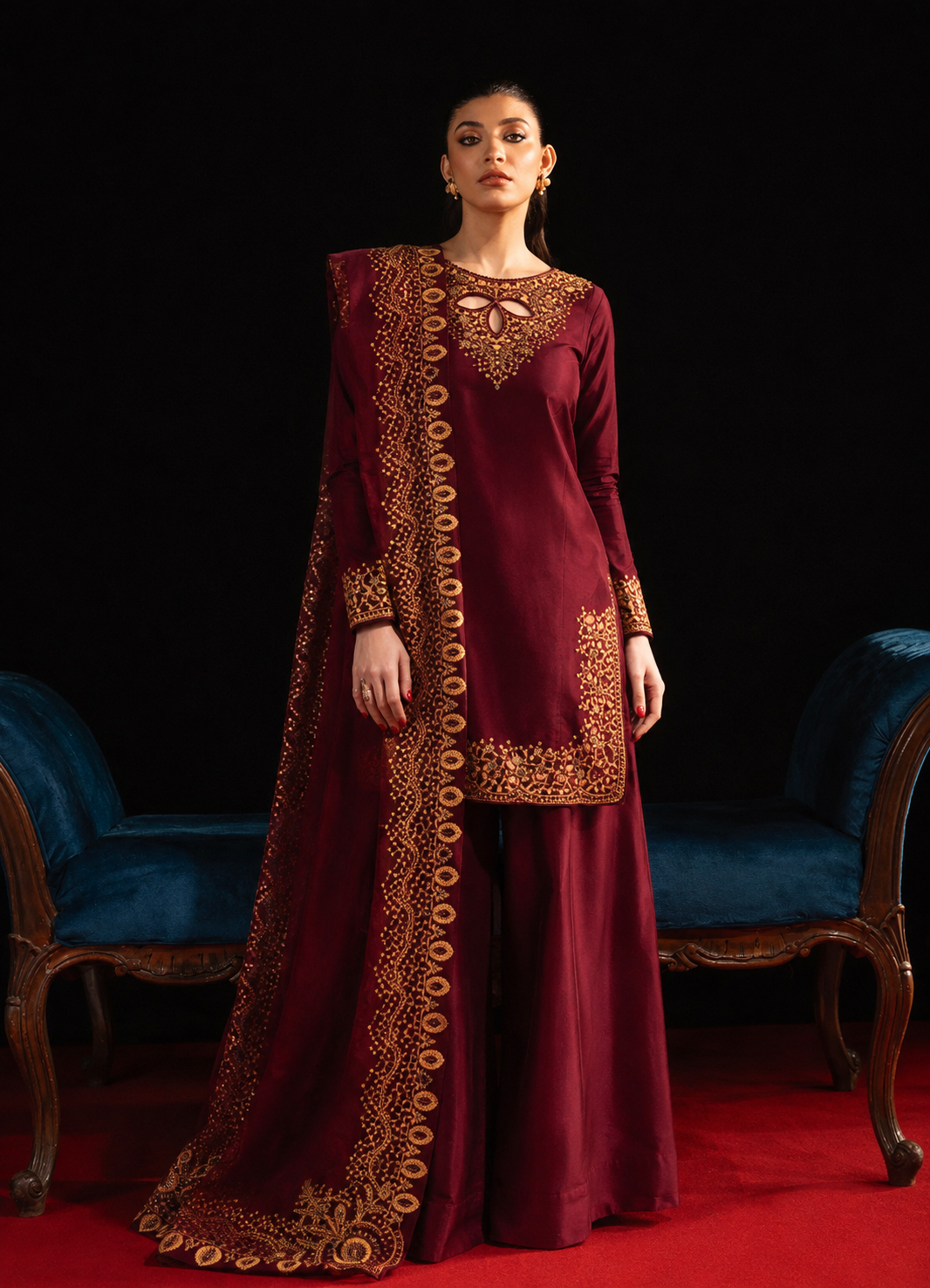 Aabroo-e-Jashan (Maroon) Organza Pakistani Formal Dresses - Maria Osama Khan - 1