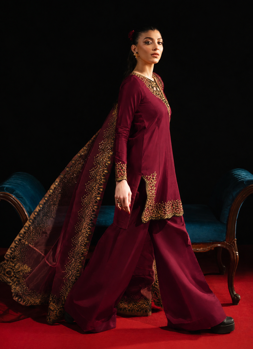 Aabroo-e-Jashan (Maroon) Organza Pakistani Formal Dresses - Maria Osama Khan - 2