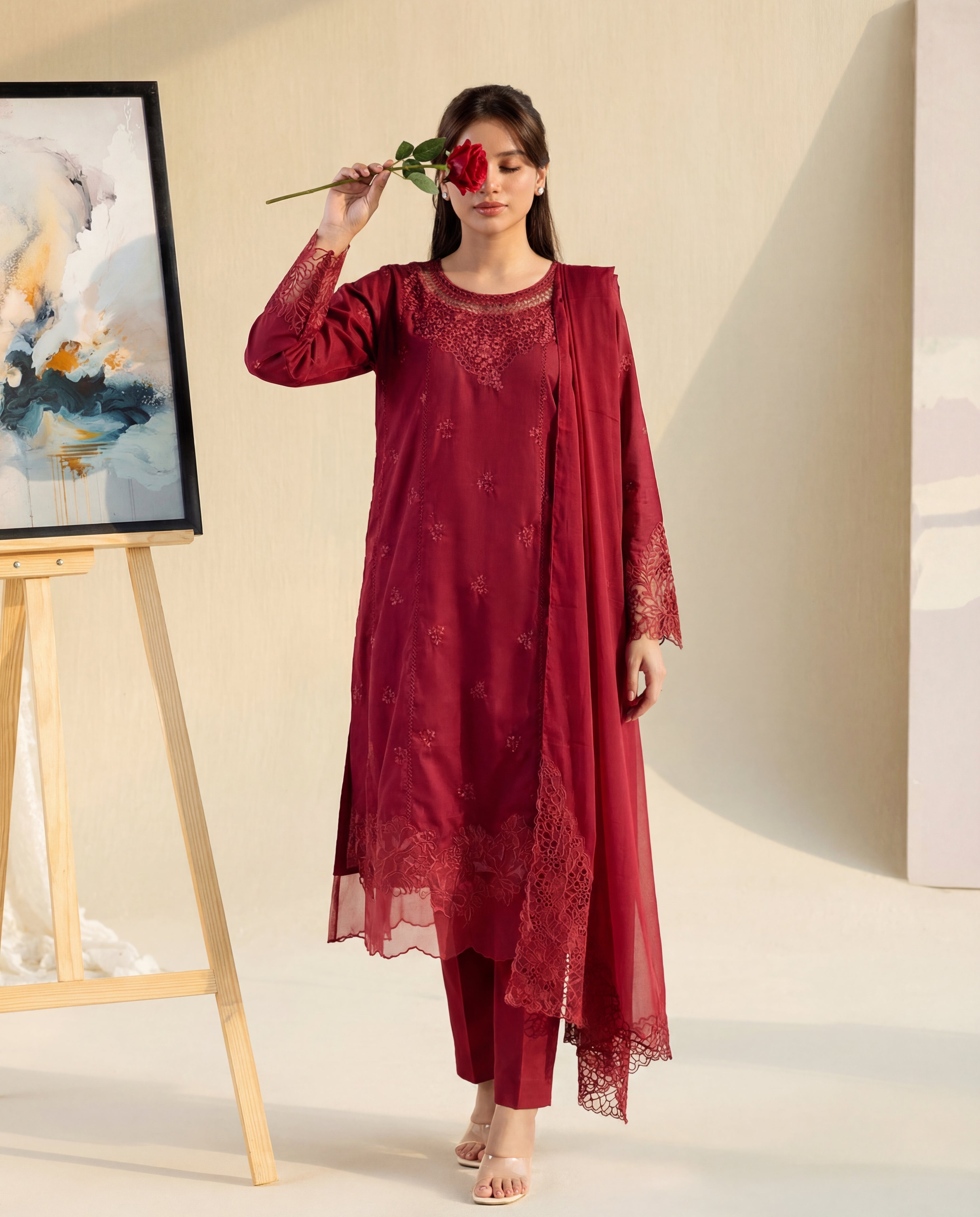 Namar - Maroon Premium Fabric Pakistani Summer Dresses - Sahiba-clothing - 1