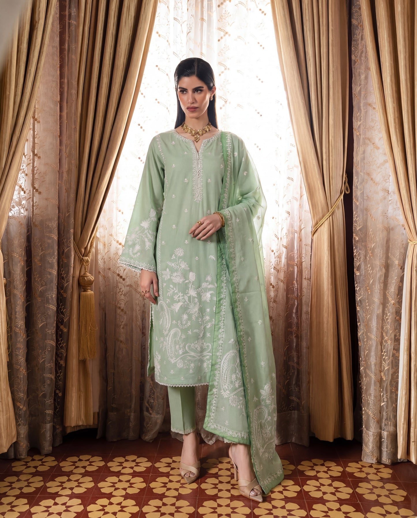Ornate Pista Premium Fabric Pakistani Summer Dresses - Sahiba-clothing - 1