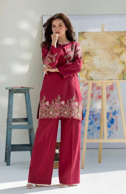 Orwiya - Maroon Premium Fabric Pakistani Summer Dresses - Sahiba-clothing - 1